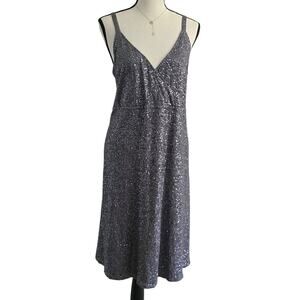 EILEEN FISHER Silk Sequin Sparkle Gray Dress Sz L Evening Cocktail Holiday Glam